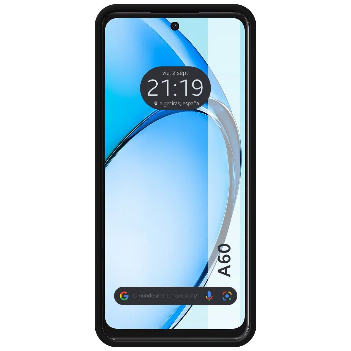 Smartphone nero con schermo blu che mostra ora e sito web.