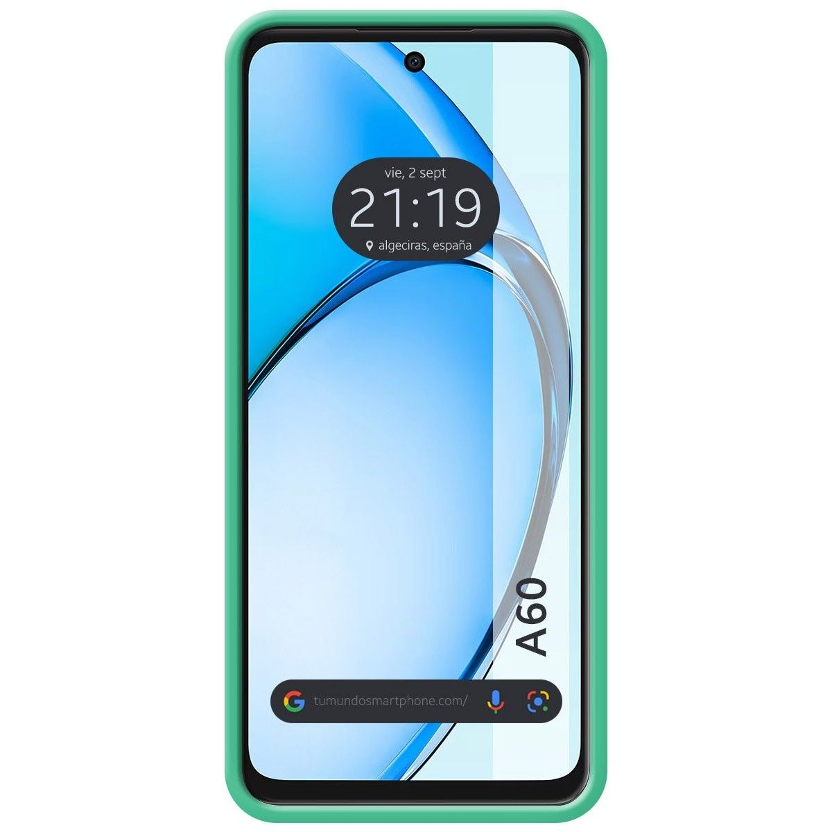 Telefono con custodia verde. Lo schermo mostra ora e posizione. Sfondo bianco. Angoli arrotondati.