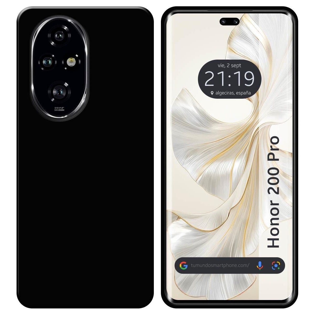 Un telefono nero Honor 200 Pro. Lo schermo mostra le icone delle app e l'ora. Il retro ha delle fotocamere.