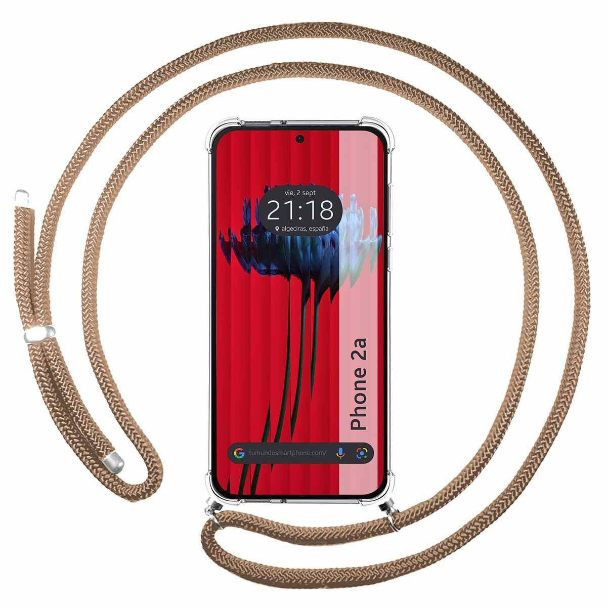 Telefono con cinturino, custodia trasparente. Schermo mostra l'ora e arte floreale su sfondo rosso.