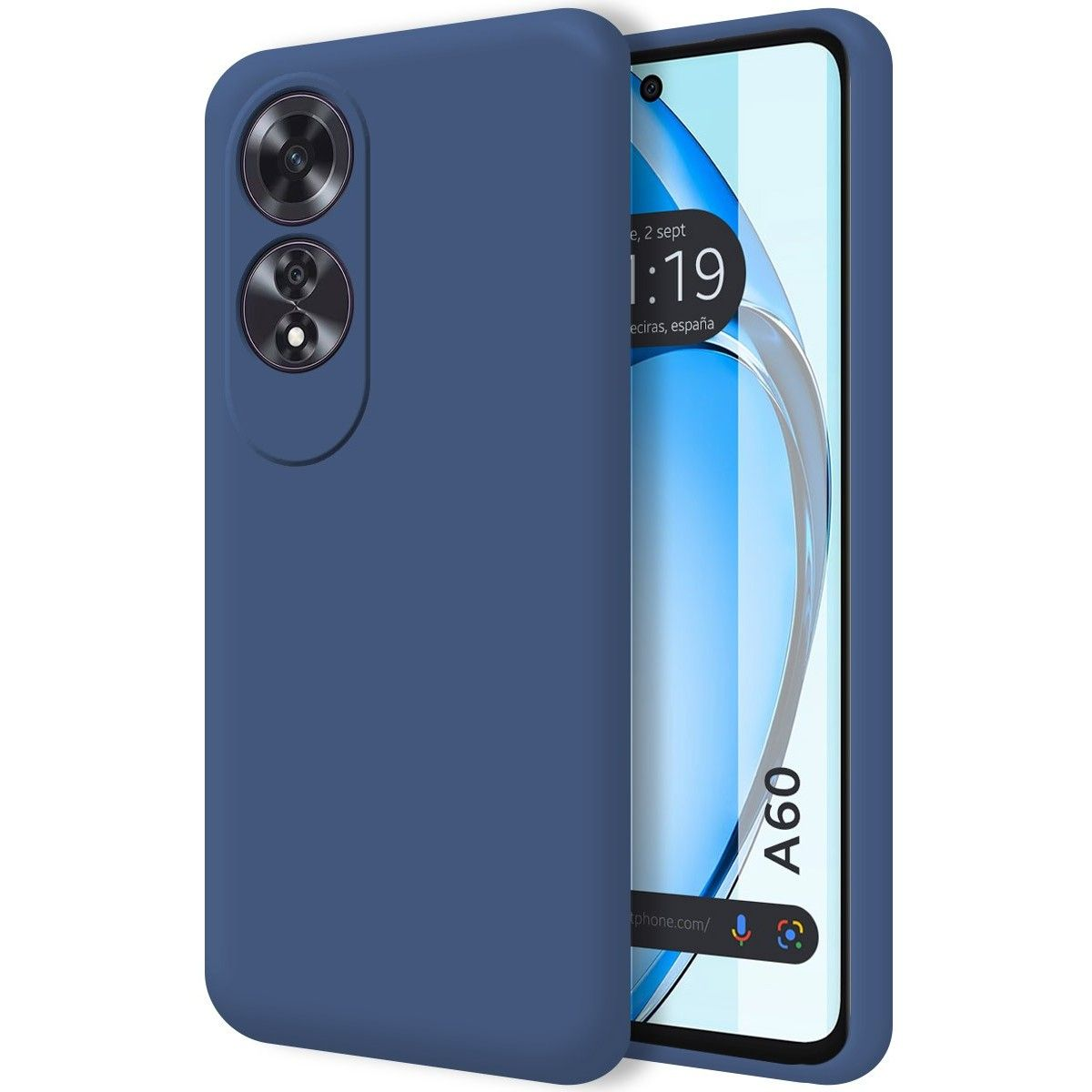 Una custodia per telefono blu. Il telefono mostra uno schermo blu con la data e l'ora.