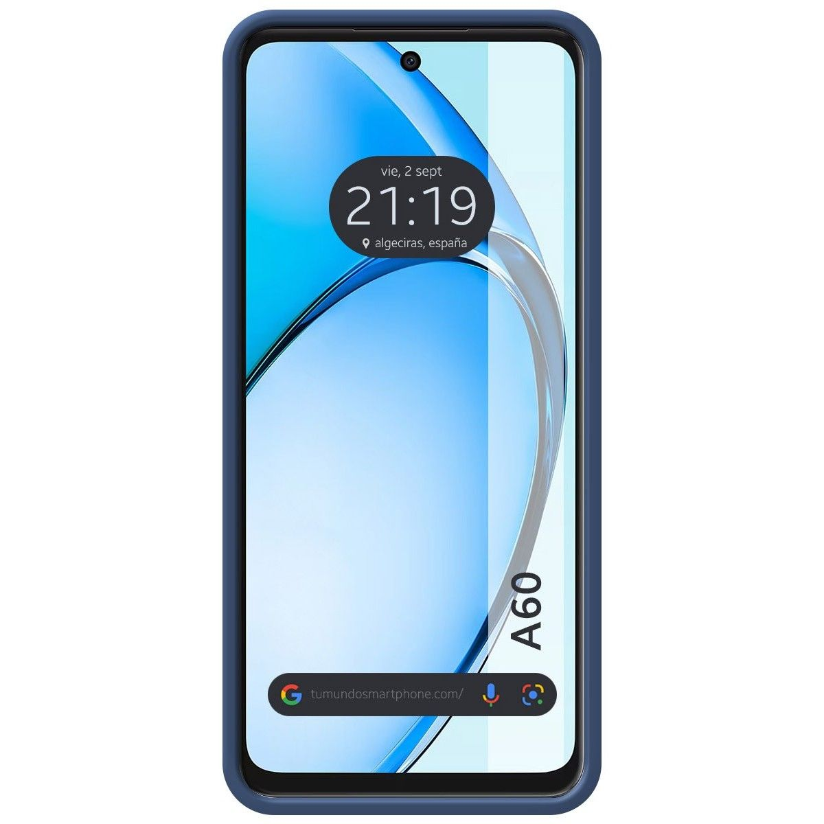 Custodia blu per telefono. Lo schermo mostra data, ora e posizione.