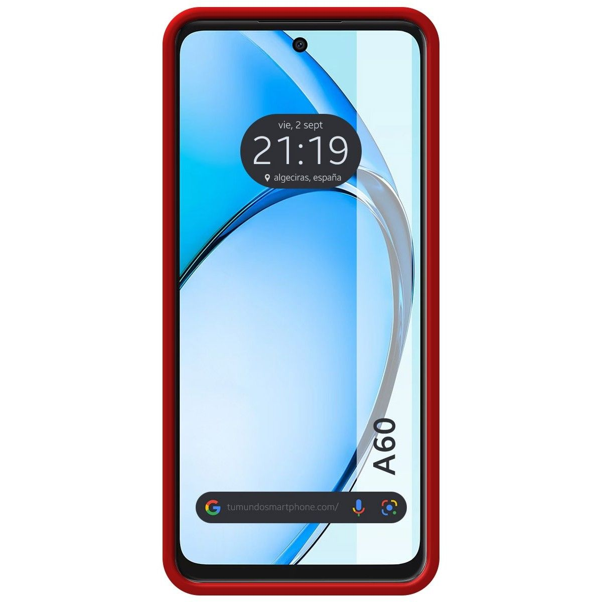 Un telefono con custodia rossa, che mostra l'ora 21:19. Lo schermo del telefono ha un bordo curvo e uno sfondo bianco.
