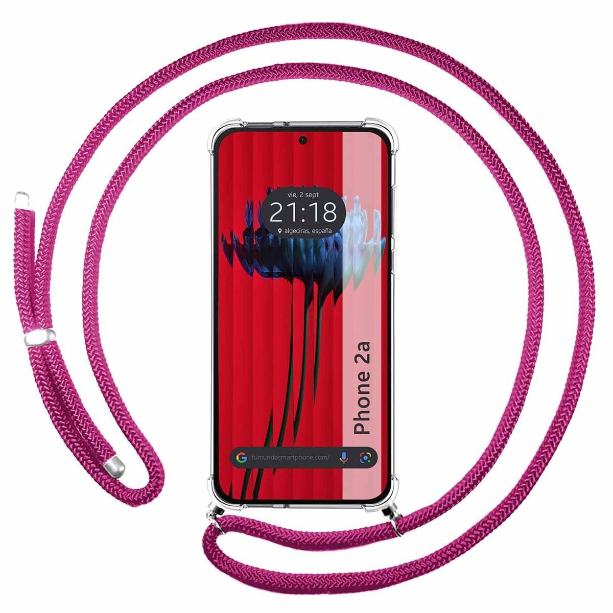 Telefono in custodia con cordino rosa, schermo rosso con testo.