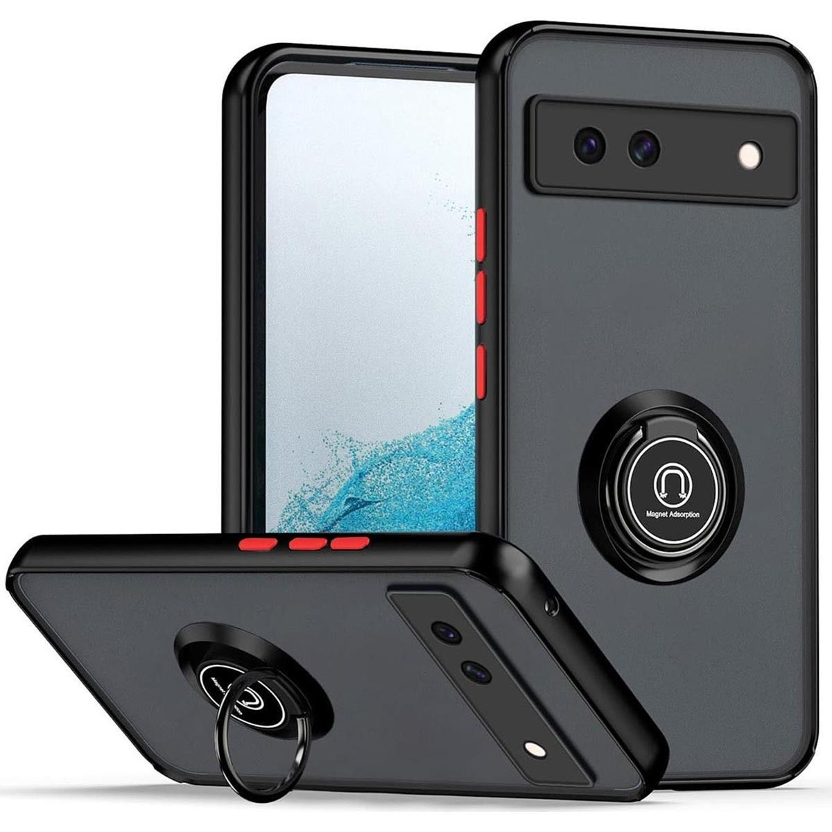 Custodie per telefono con un supporto ad anello sul retro. Le custodie sono nere con dettagli rossi.