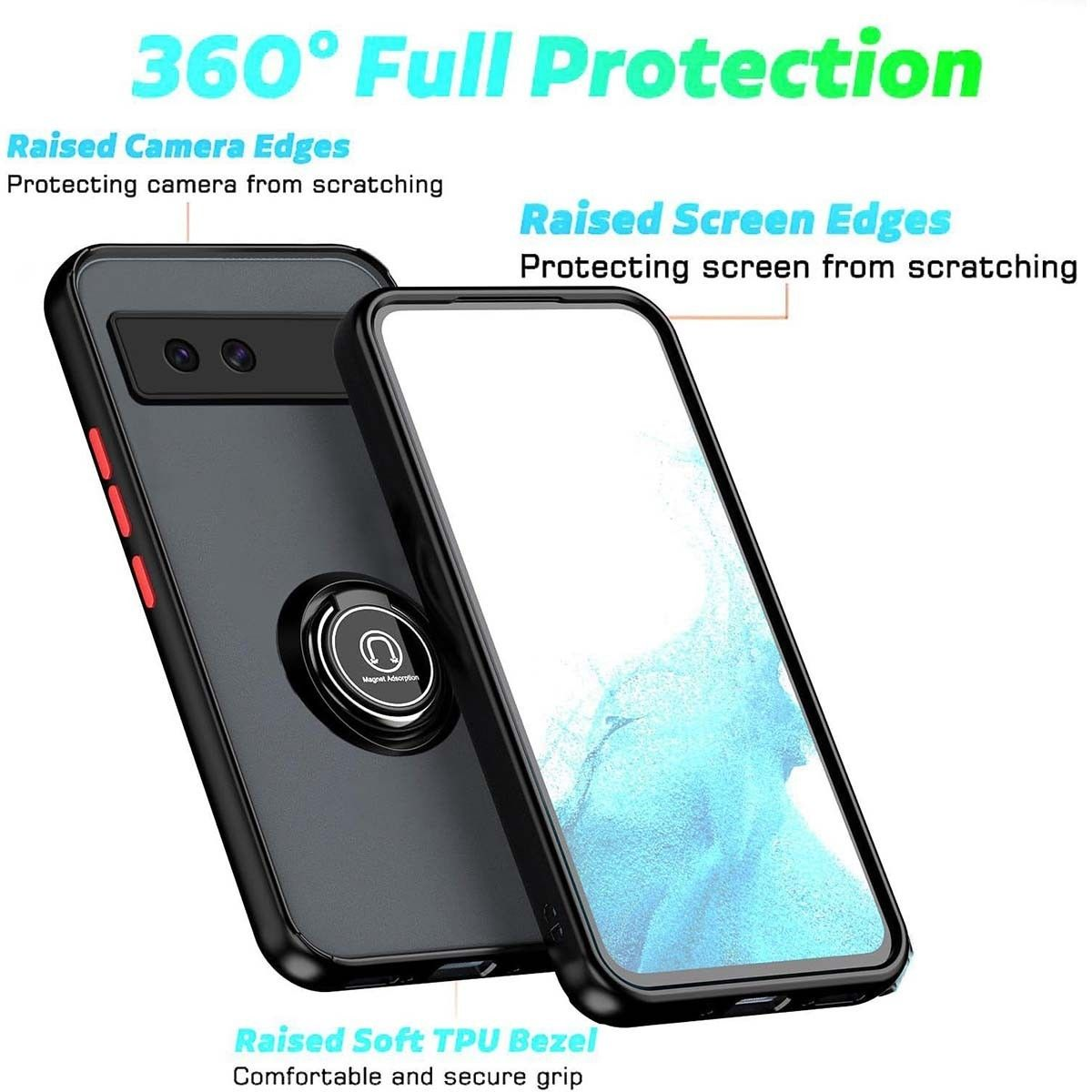 Custodia per telefono con telefono all'interno. Bordi rialzati. Testo: '360° Full Protection'.