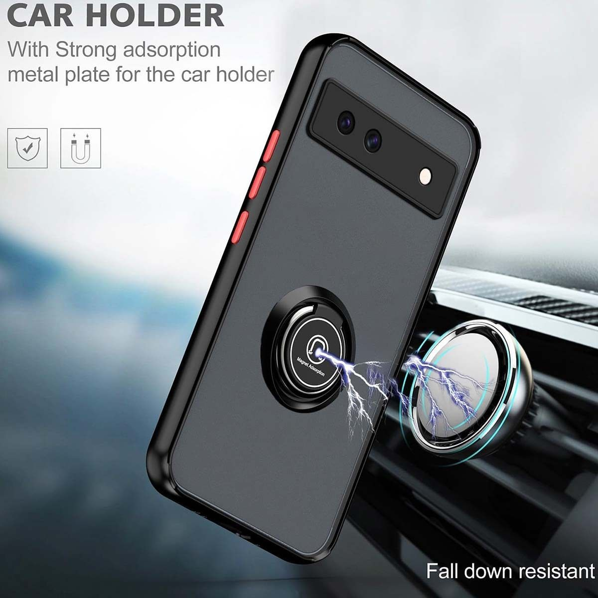 Custodia nera con anello magnetico e supporto per auto. Testo: 'CAR HOLDER'.