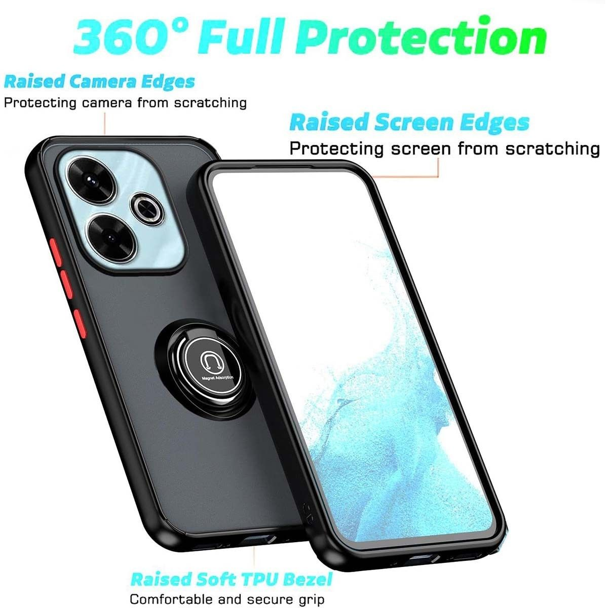 Custodia per telefono nera con bordi rialzati e anello magnetico. Testo: '360° Full Protection'.