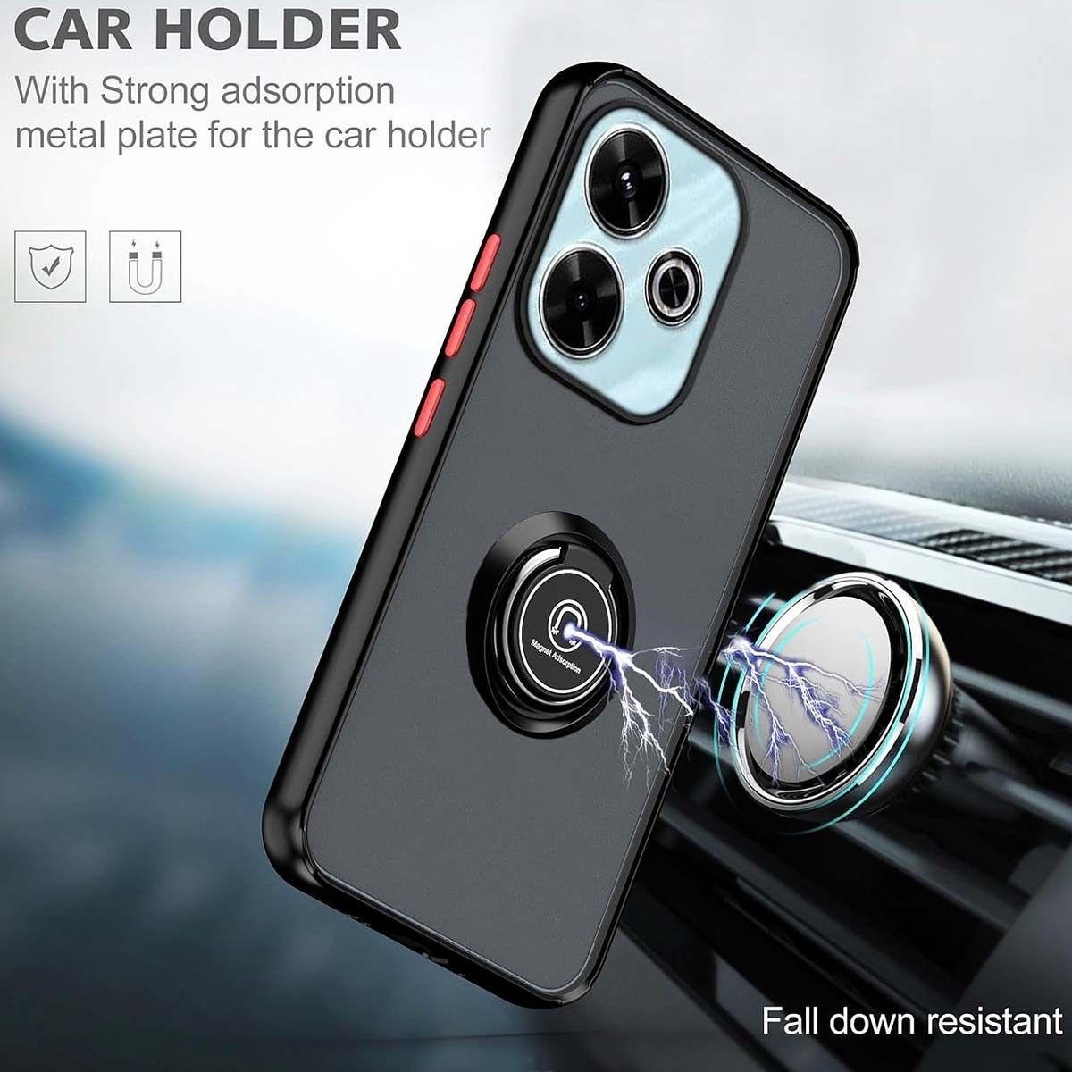 Una custodia per telefono nera con un anello magnetico e un supporto per auto per il telefono.