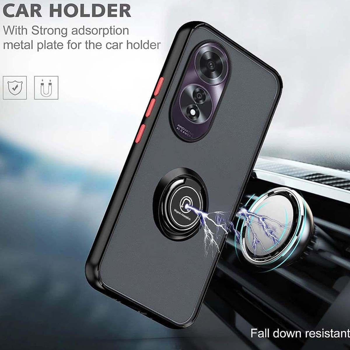 Una custodia per telefono con supporto per auto, telefono e supporto ad anello con connessione magnetica.