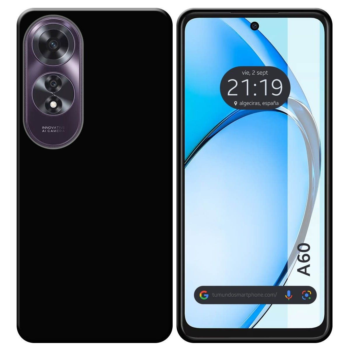 Uno smartphone nero con configurazione a doppia fotocamera e schermo che mostra ora e dettagli posizione.