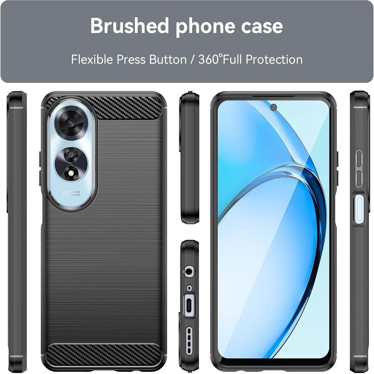 Smartphone con custodia nera strutturata, varie viste. Sfondo bianco.