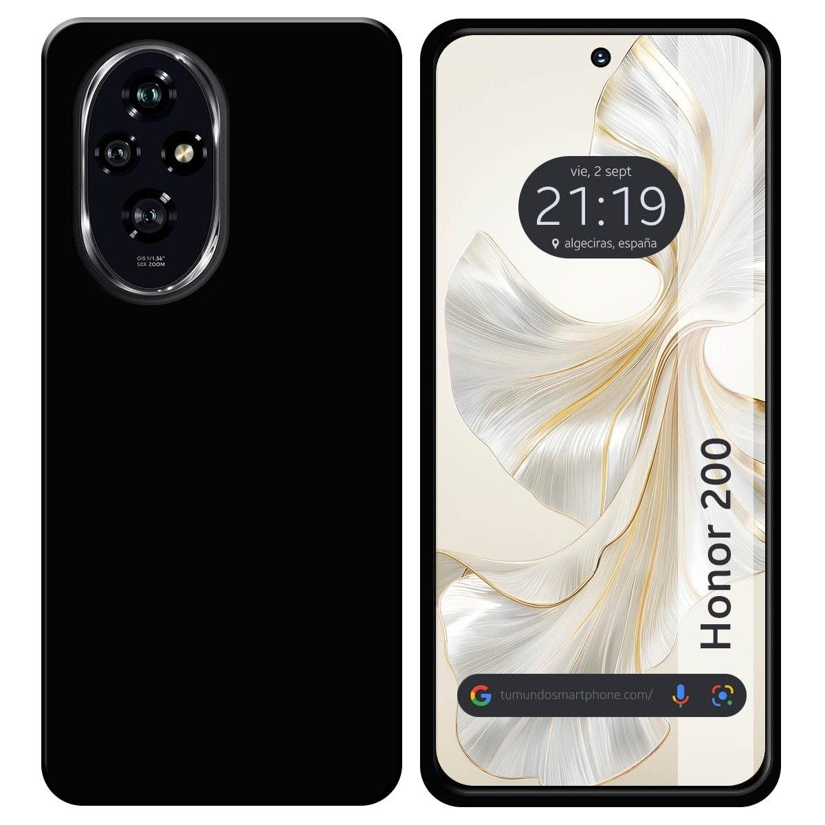 Custodia per telefono nera e telefono che mostra l'ora, con uno sfondo a motivi oro e bianco. Il telefono dice Honor 200.