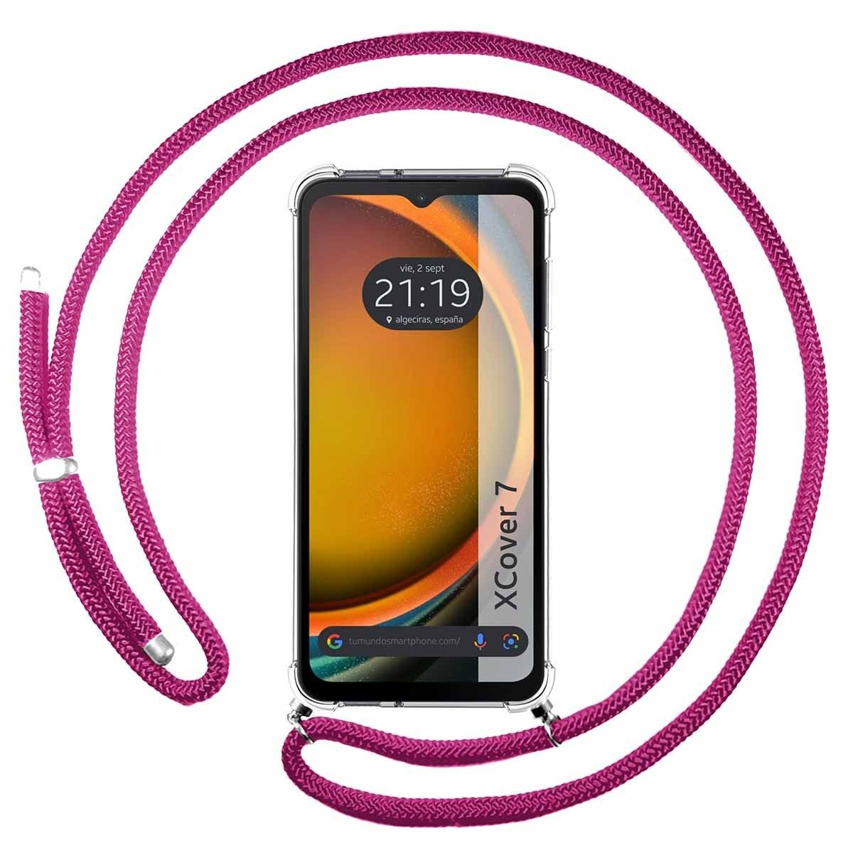 Telefono con cordino rosa. Lo schermo mostra ora e luogo.