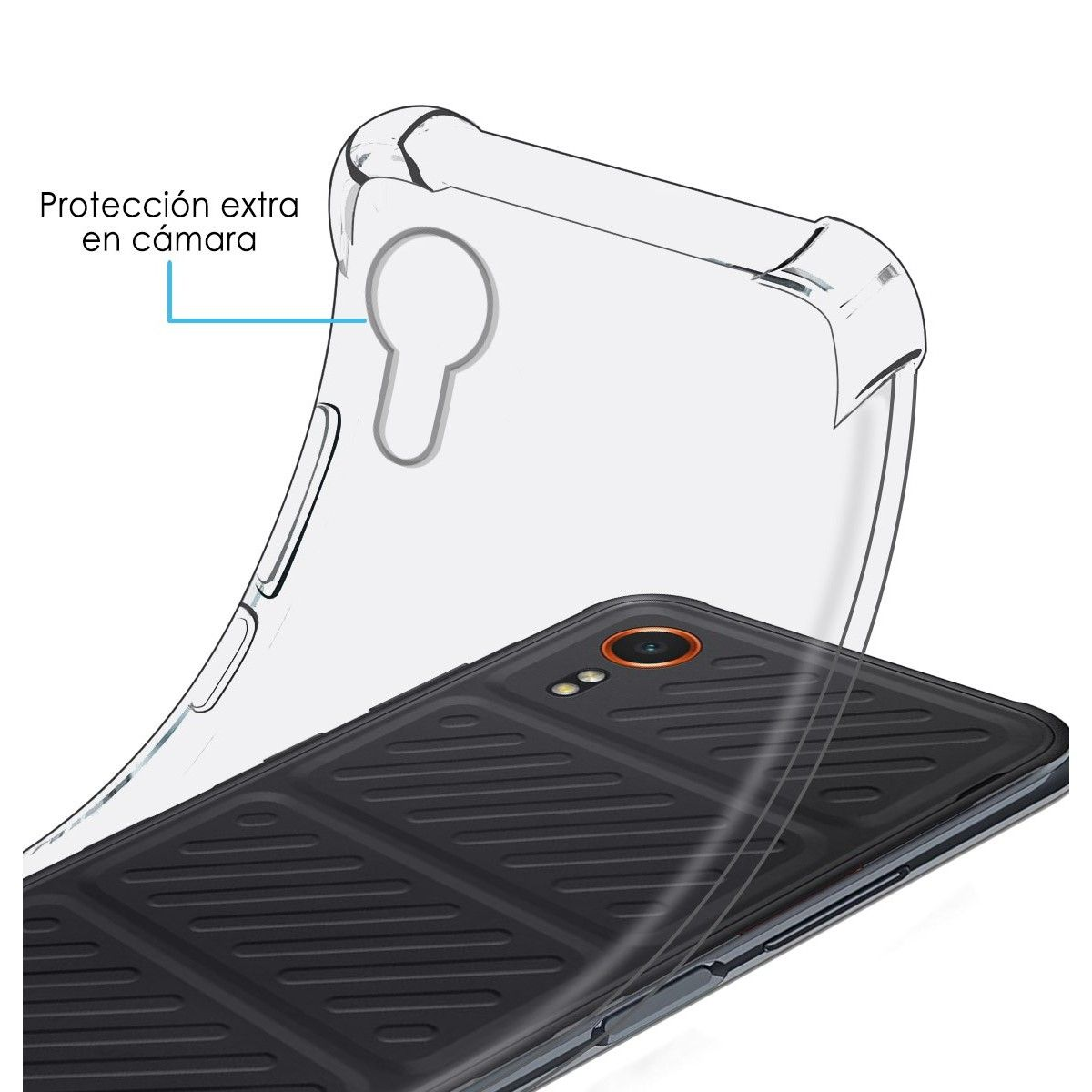 Smartphone in custodia nera, custodia trasparente mostra protezione fotocamera, retro nero strutturato.