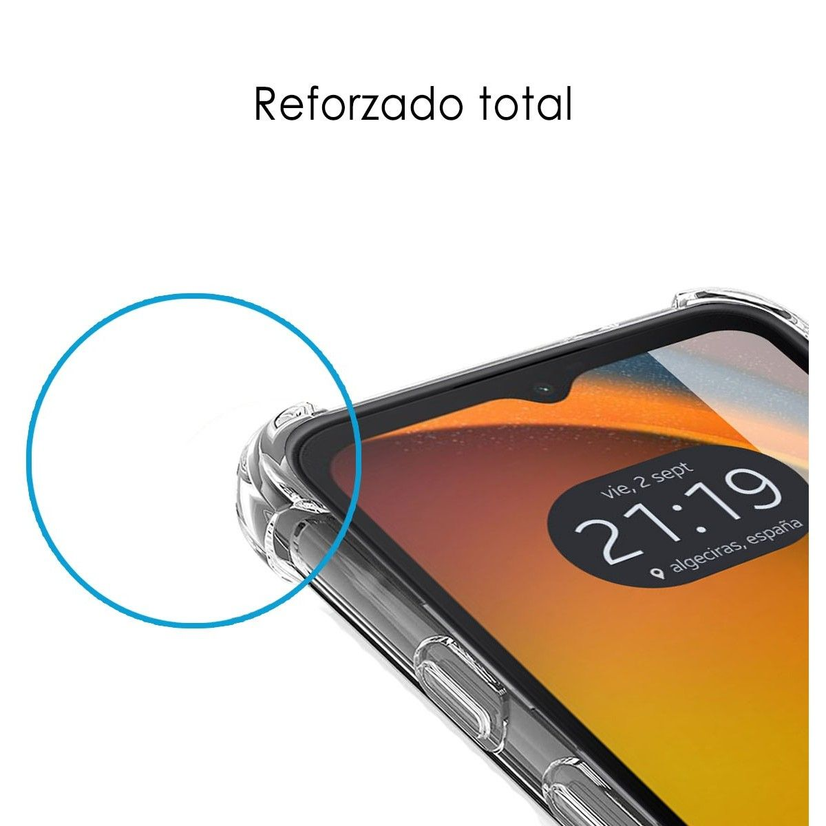 Un primo piano di una custodia per telefono. La custodia è trasparente e mostra lo schermo.