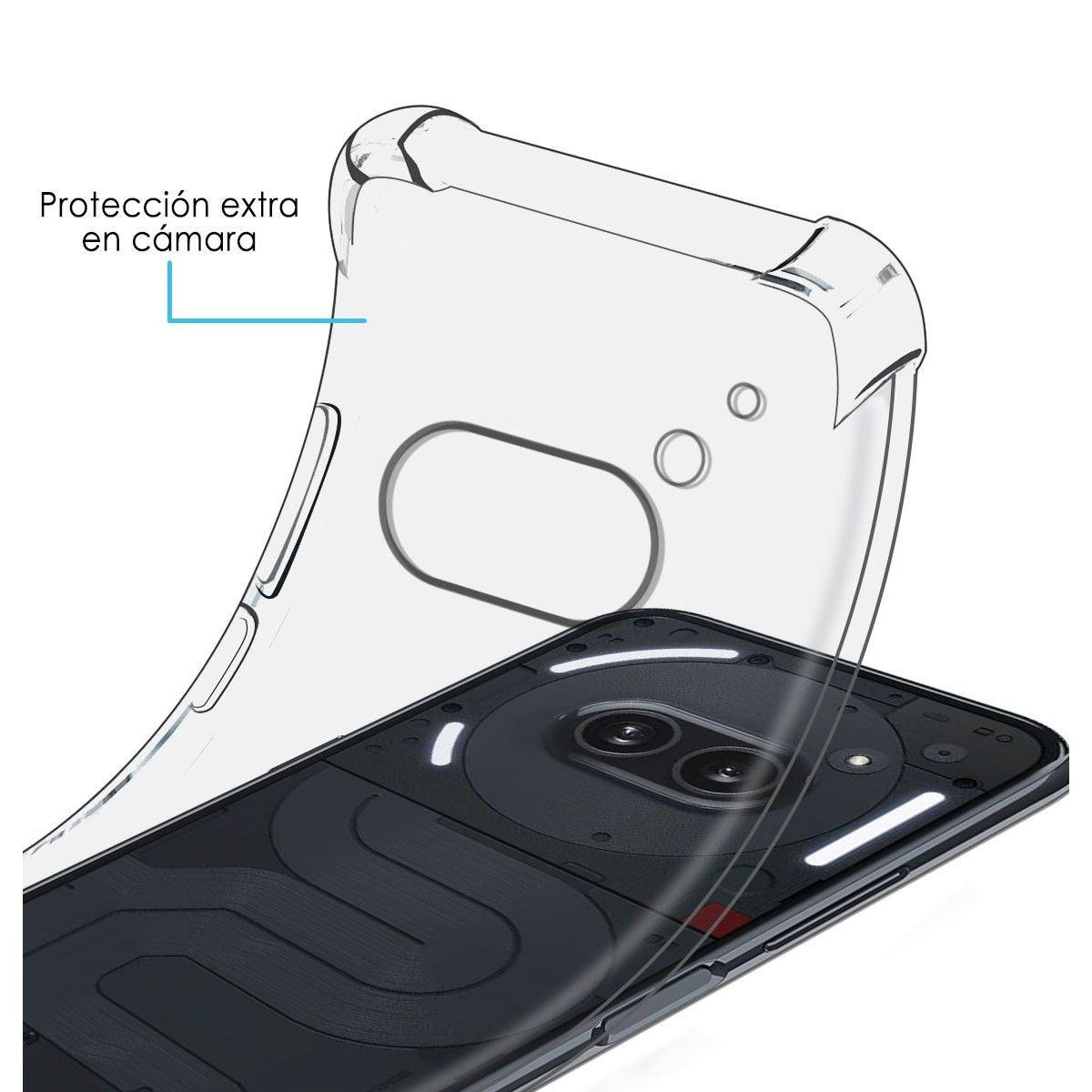 Custodia trasparente per telefono con telefono nero visibile, con il testo 'proteccion extra en camara'.