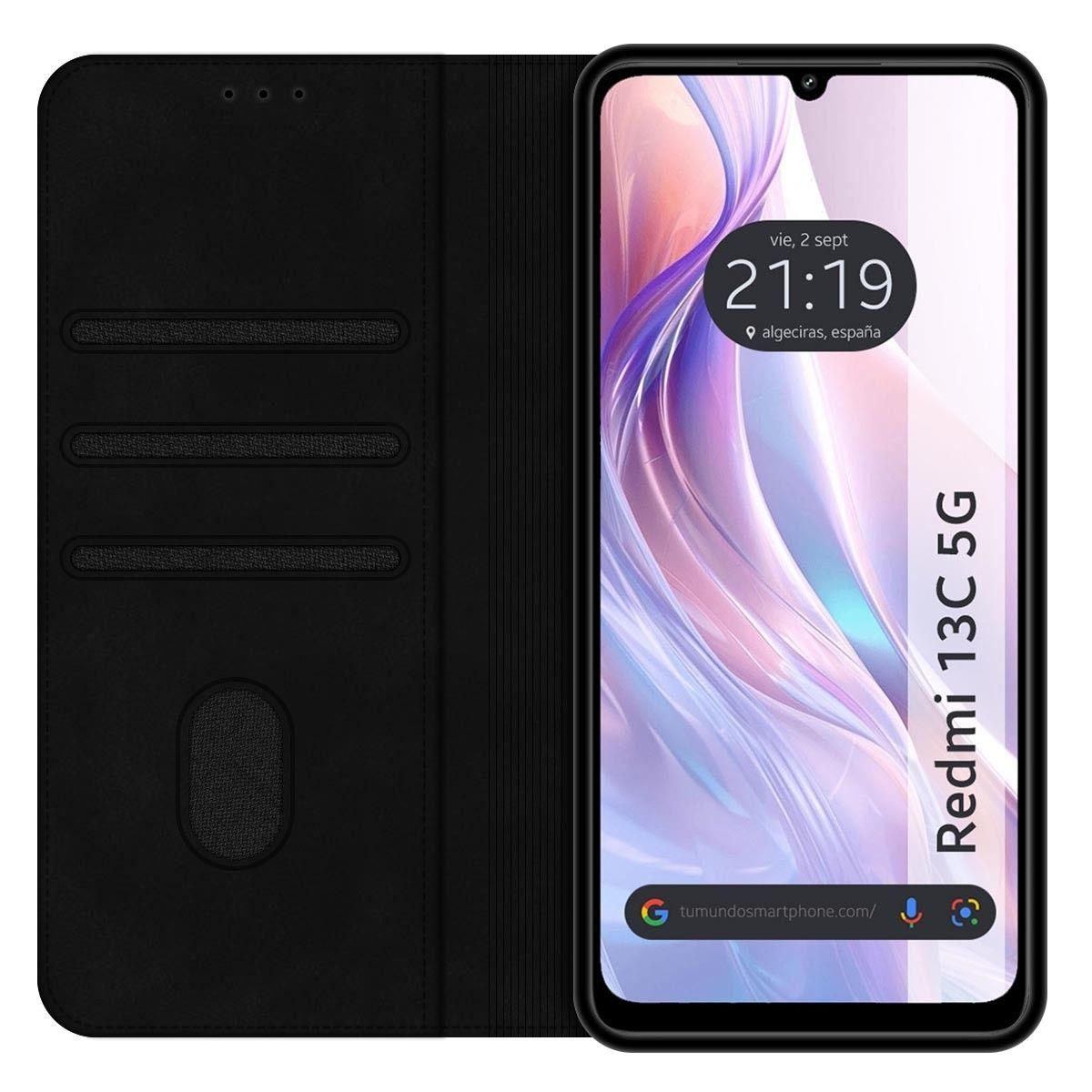 Uno smartphone in una custodia a portafoglio nera, che mostra l'ora e il Redmi 13C 5G.