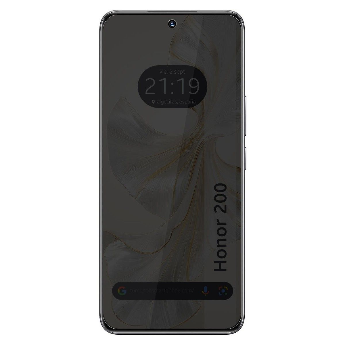 Telefono con display scuro che mostra ora e posizione, con la scritta 'Honor 200' sul lato.