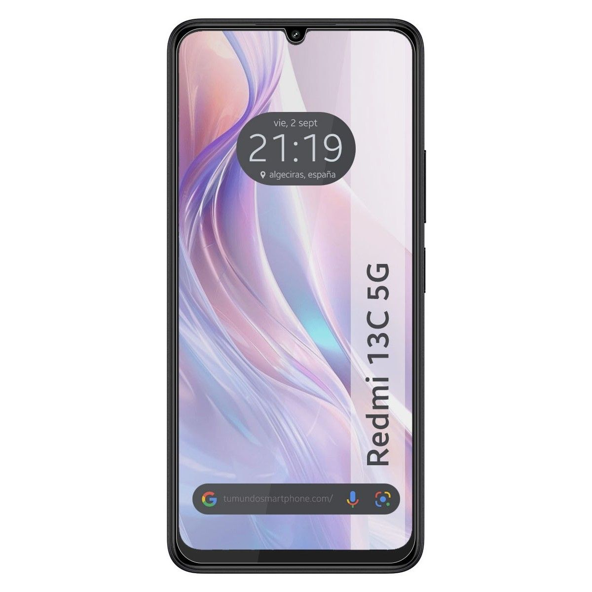 Schermo del telefono Redmi 13C 5G. Ora e posizione visualizzate. Cornice del telefono nera.