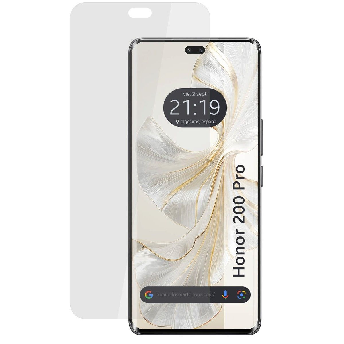 Un telefono con protezione schermo. Lo schermo mostra data e ora. Testo: Honor 200 Pro.
