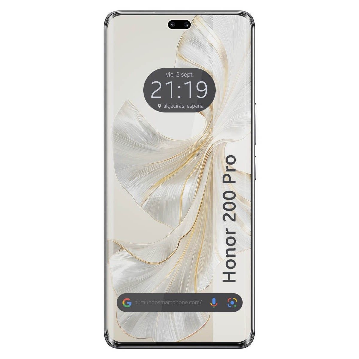 Uno smartphone mostra una schermata di blocco con il nome della città e l'ora. È un telefono nero.