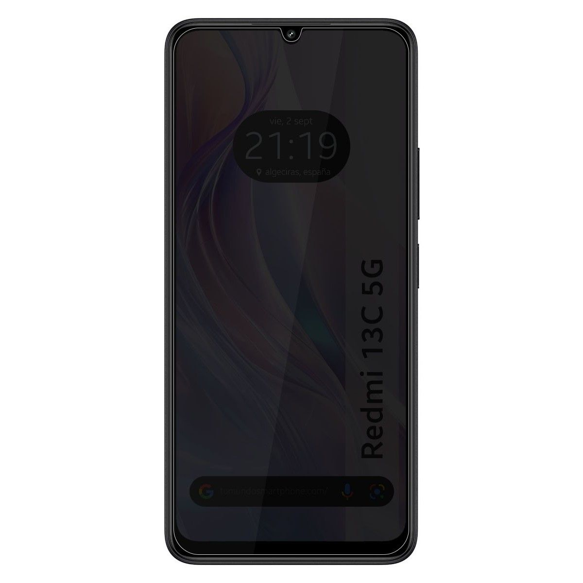 Schermo smartphone nero che mostra ora, data e sfondo sfocato, testo Redmi 13C 5G.