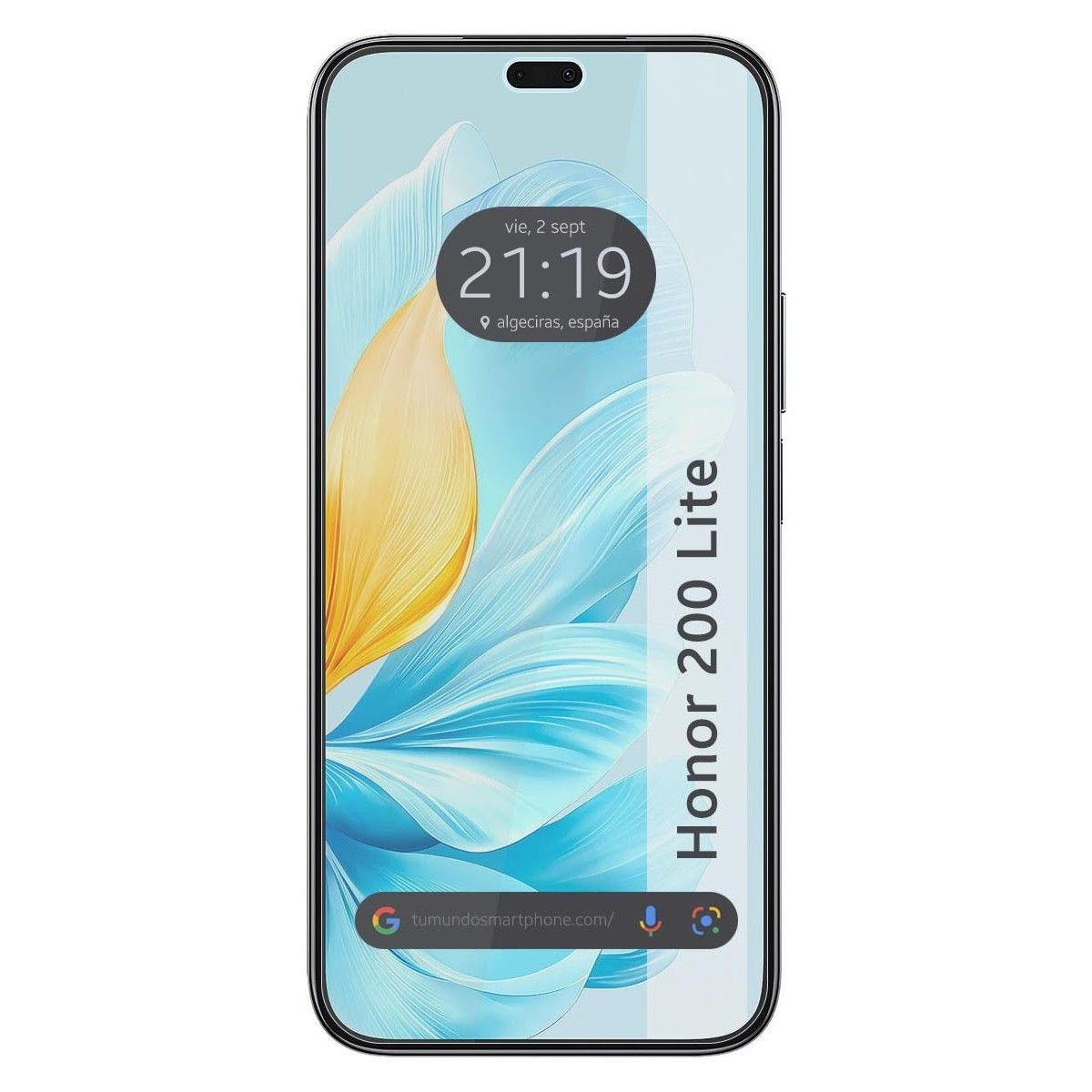 Smartphone con sfondo sfumato blu e giallo, che mostra ora, data e posizione in Spagna.