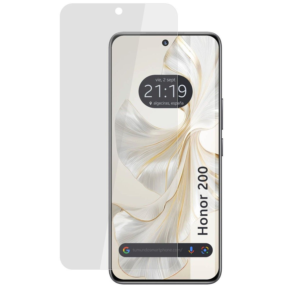 Telefono con protezione schermo che mostra ora e posizione.