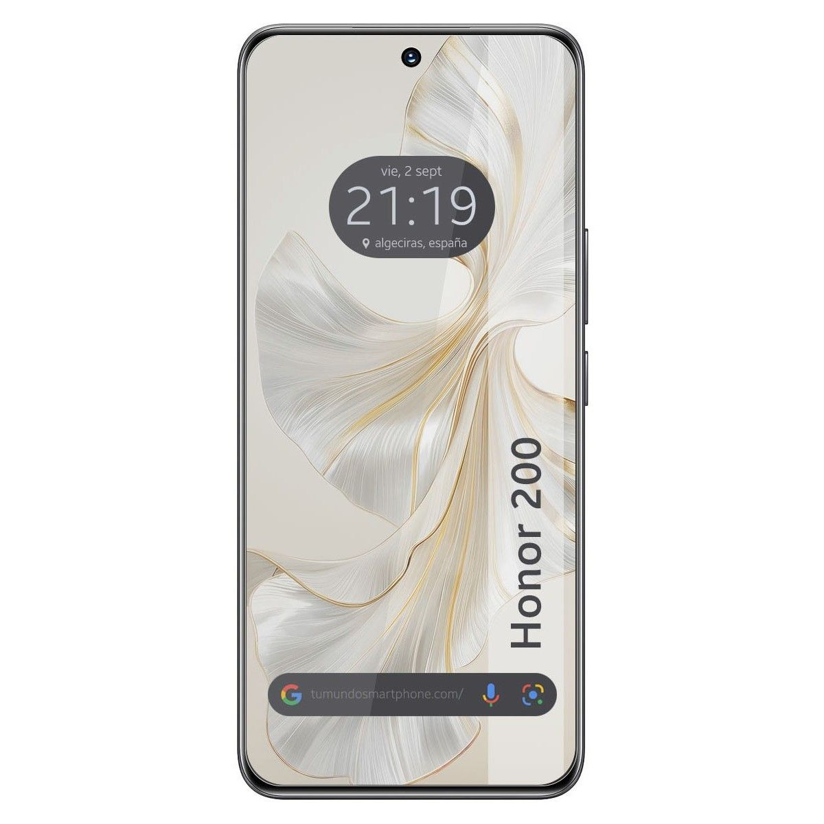 Telefono che mostra l'ora e un design fluido, il telefono è un modello Honor 200.