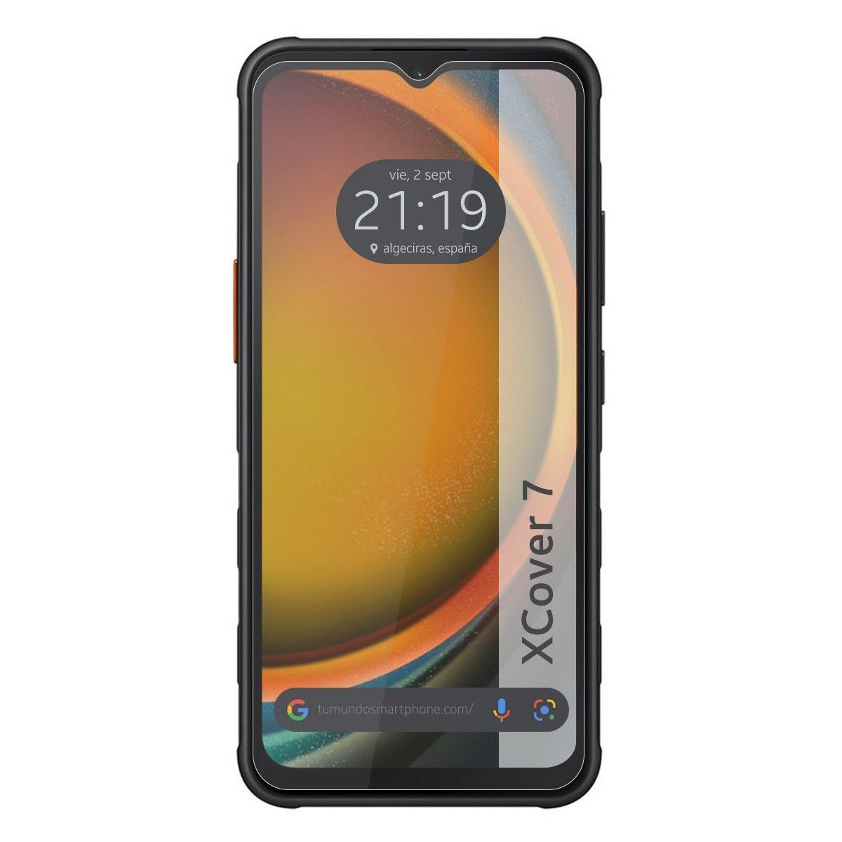 Pantalla del teléfono muestra hora y barra de búsqueda con texto "Xcover 7" a la derecha.
