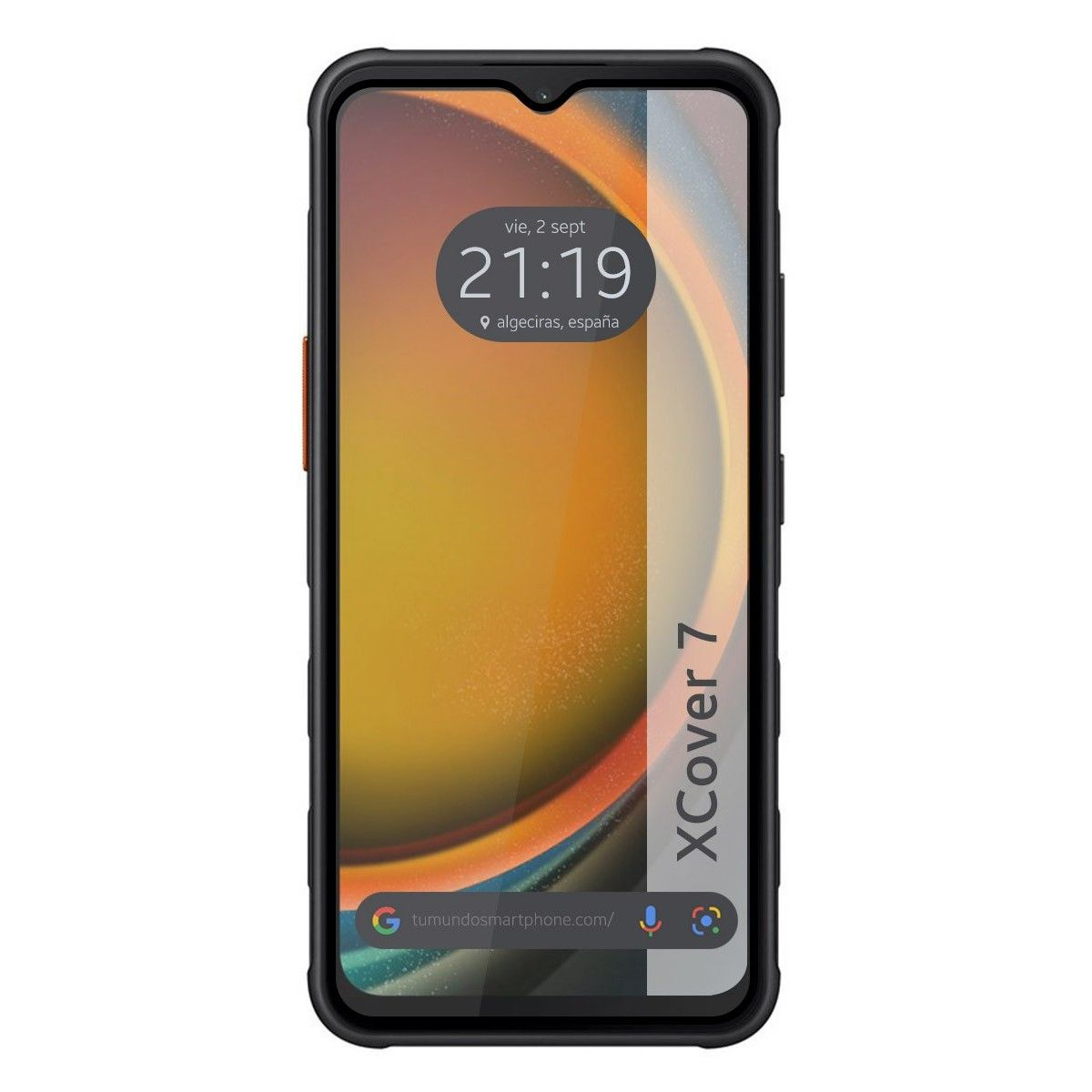 Smartphone con custodia nera, mostra ora e luogo sullo schermo.