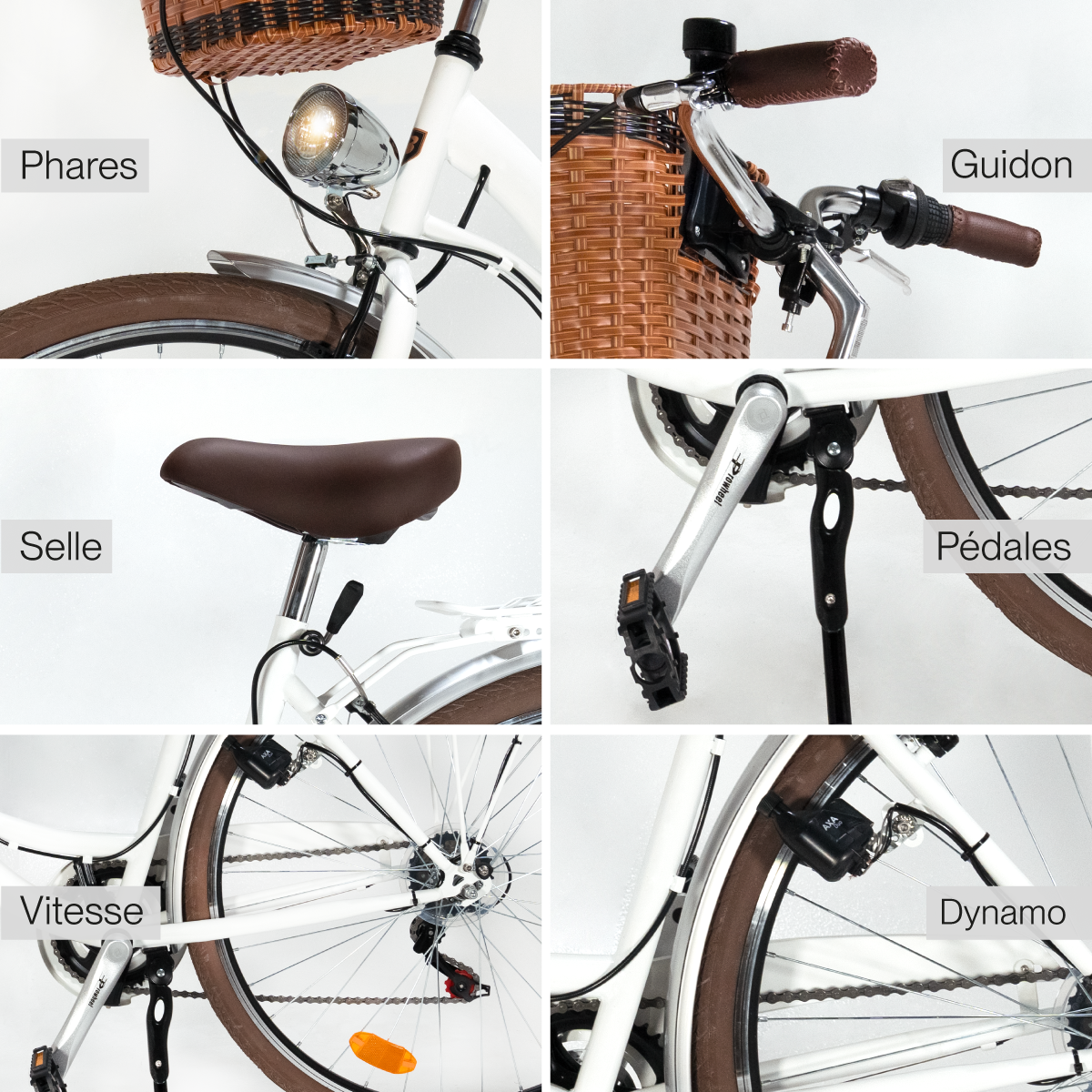 Weiße Fahrradteile beschriftet: Phares, Guidon, Selle, Pédales, Vitesse, Dynamo.