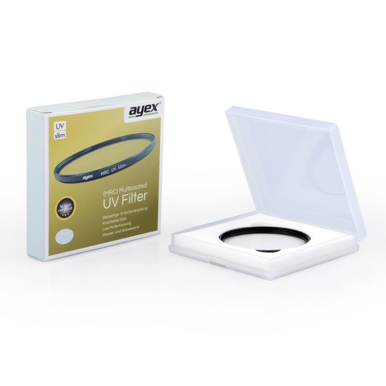 Eine Box mit einem UV-Filter und einem separaten Etui mit dem Filter darin.