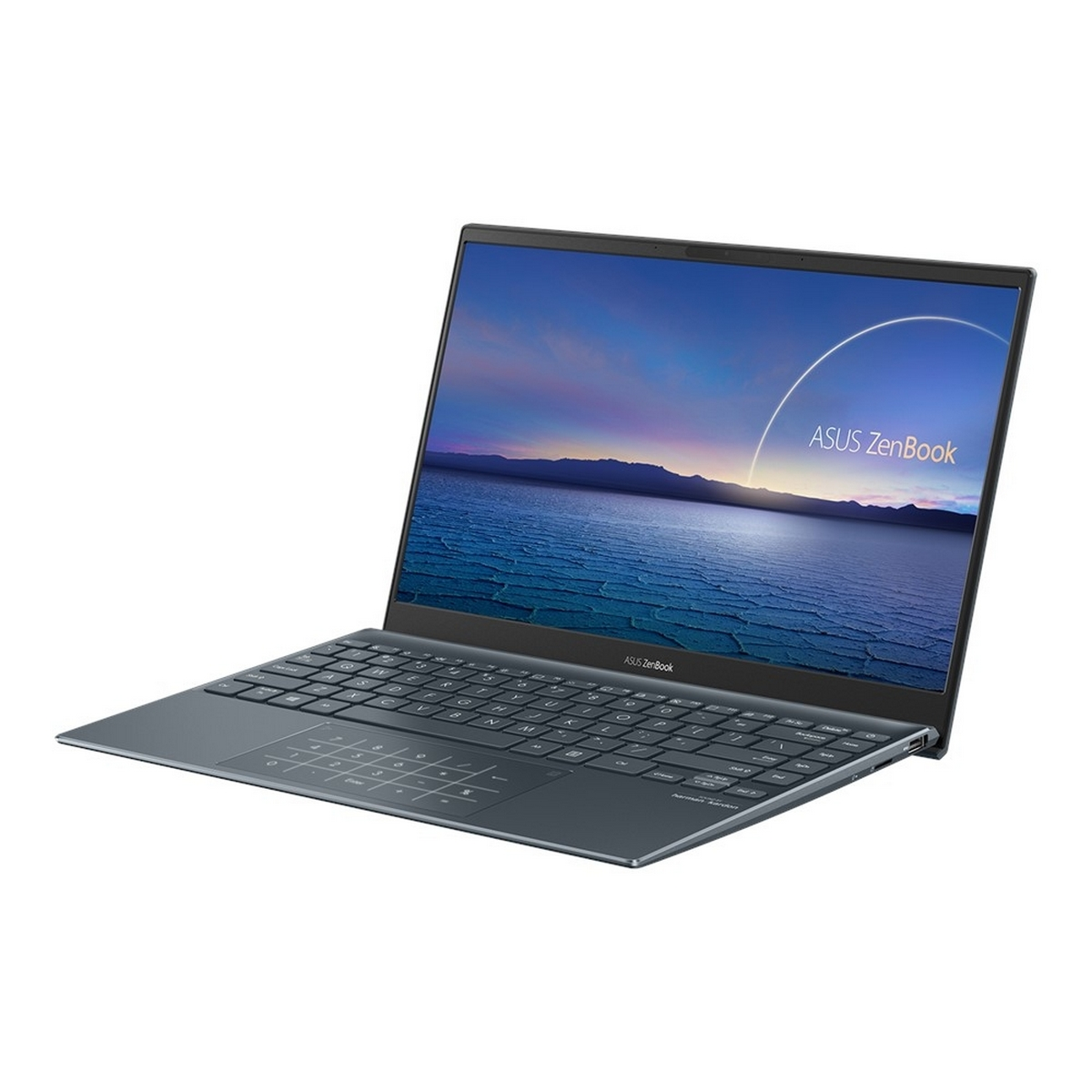 Laptop con schermo blu che mostra un paesaggio. Sfondo bianco.