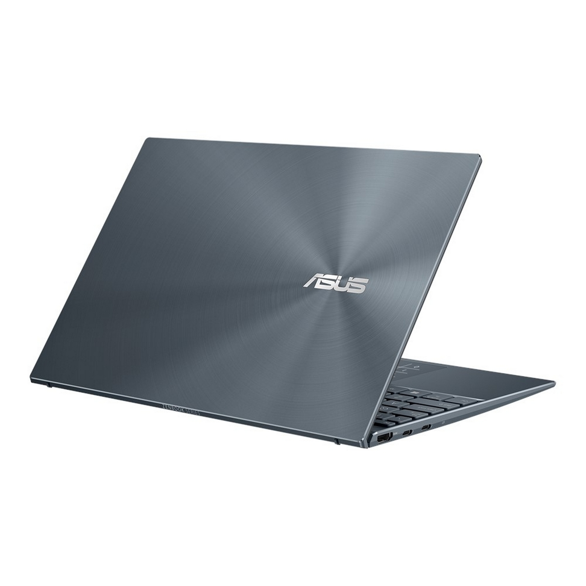 Laptop, scocca blu-grigio, aperto ad angolo che mostra il logo ASUS.