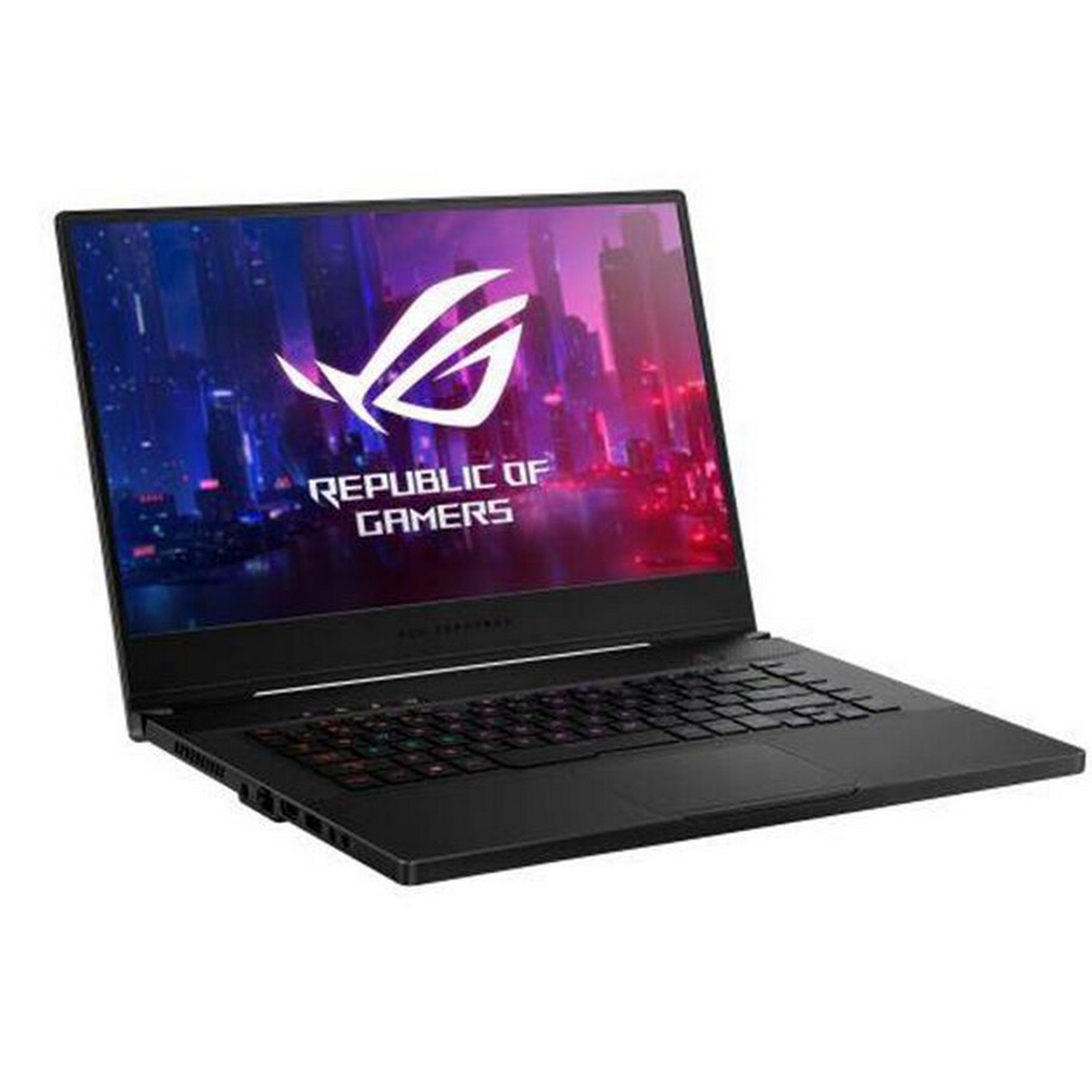 Laptop nero con logo ROG sullo schermo, aperto sul tavolo.