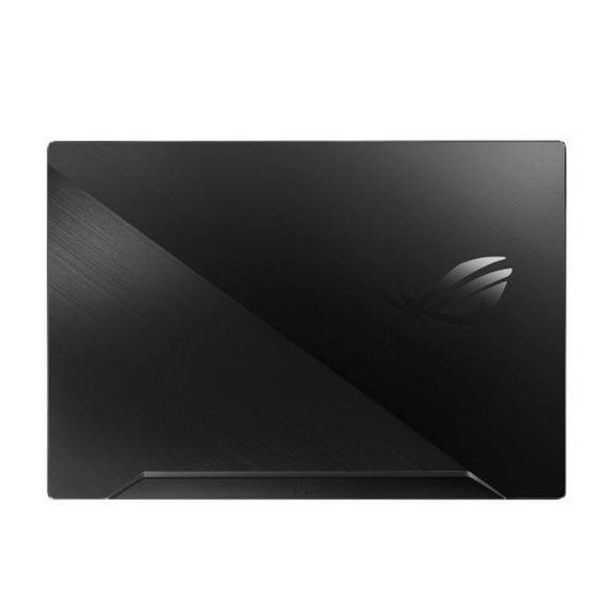 Retro del laptop nero con logo ROG, superficie strutturata. Sfondo scuro.