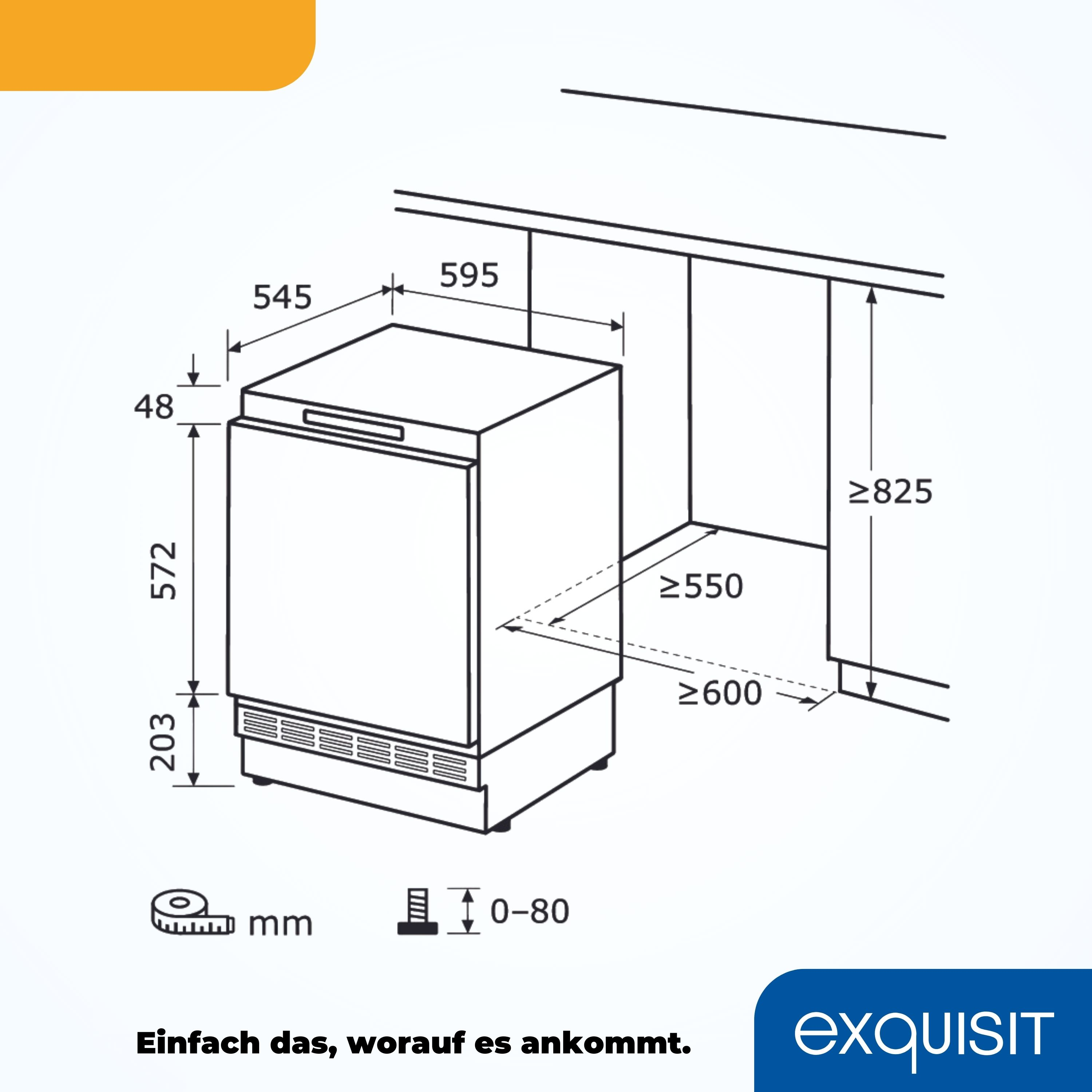 Ein weißes Diagramm mit Abmessungen eines Kühlschranks. Es gibt Zahlen und Pfeile, die Messungen angeben.