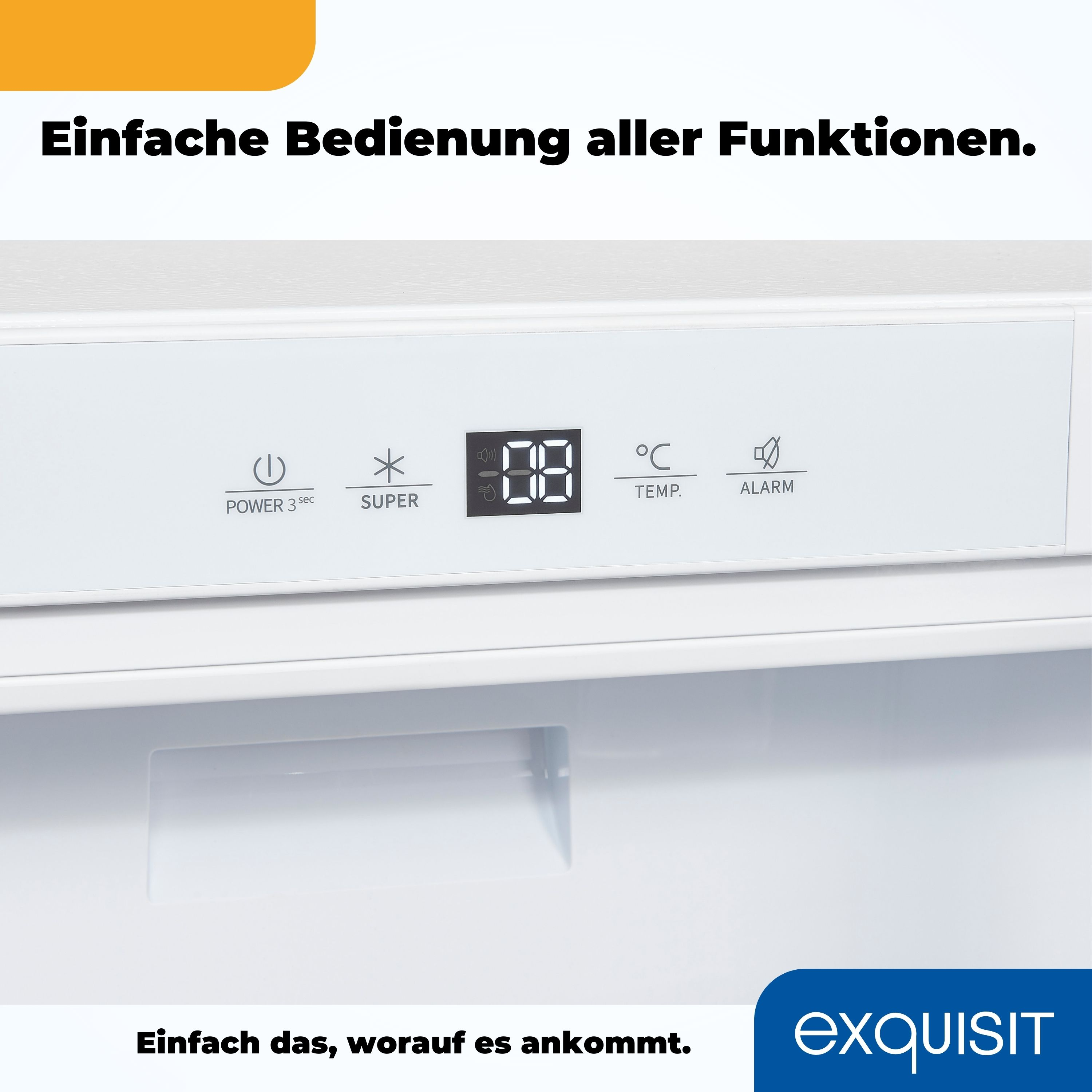 Kühlschrank-Bedienfeld mit Symbolen und Digitalanzeige. Text darüber: „Einfache Bedienung aller Funktionen“.