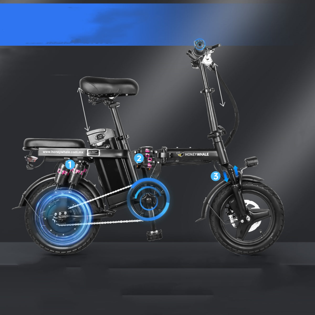 Bicicletta elettrica nera con dettagli blu. La bicicletta è mostrata con alcune delle sue parti etichettate.