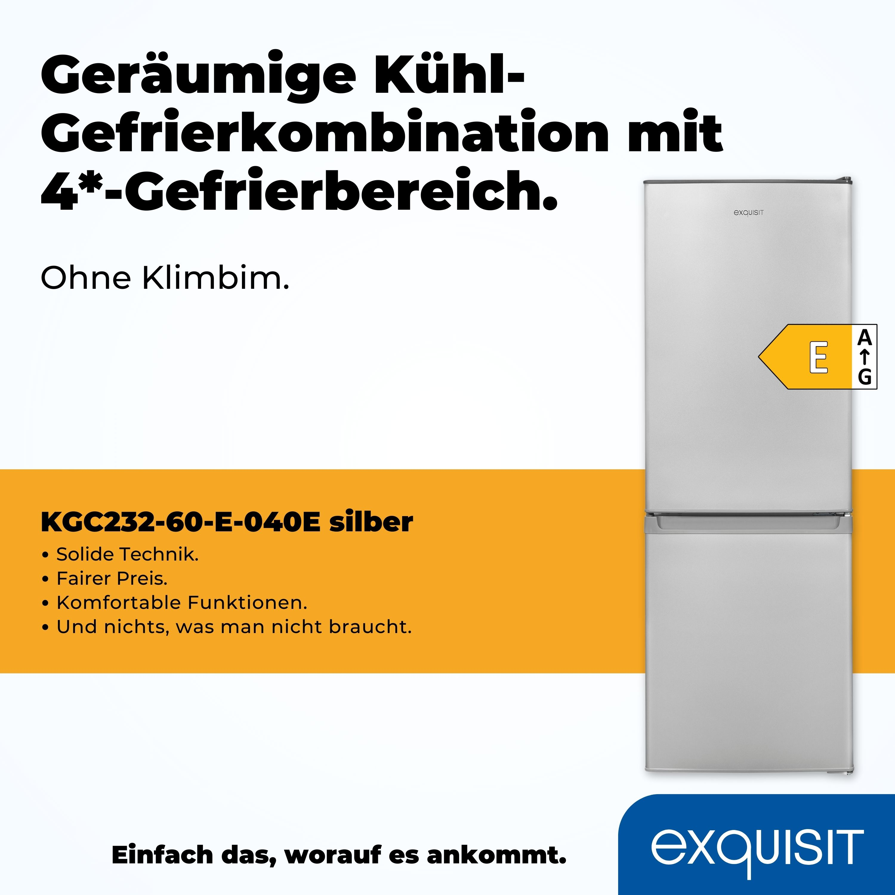 Silberner Kühlschrank mit Gefrierfach unten. Text und Energieeffizienzlabel vorhanden.
