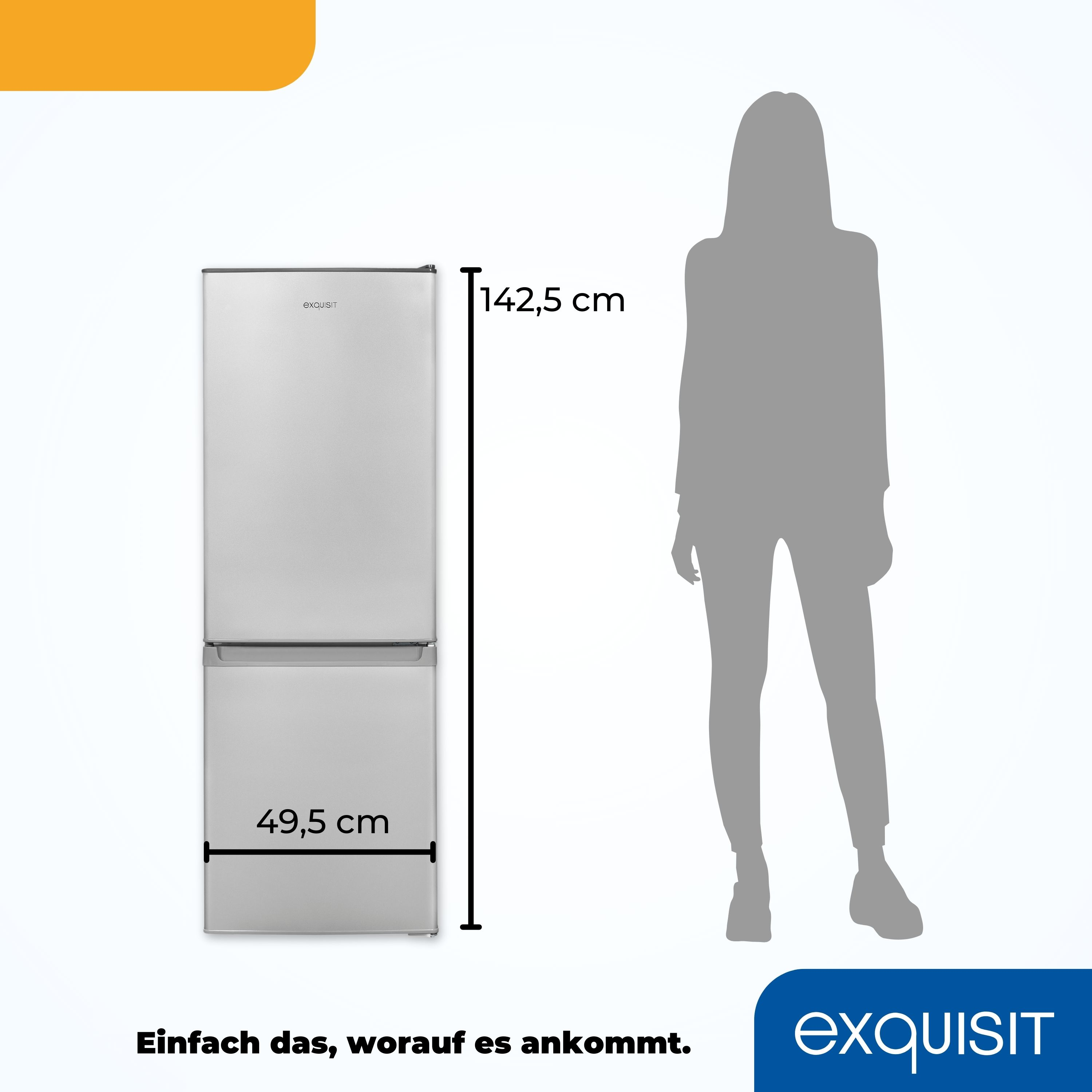 Ein silberfarbener Kühlschrank mit zwei Türen wird neben einer Personensilhouette gezeigt.