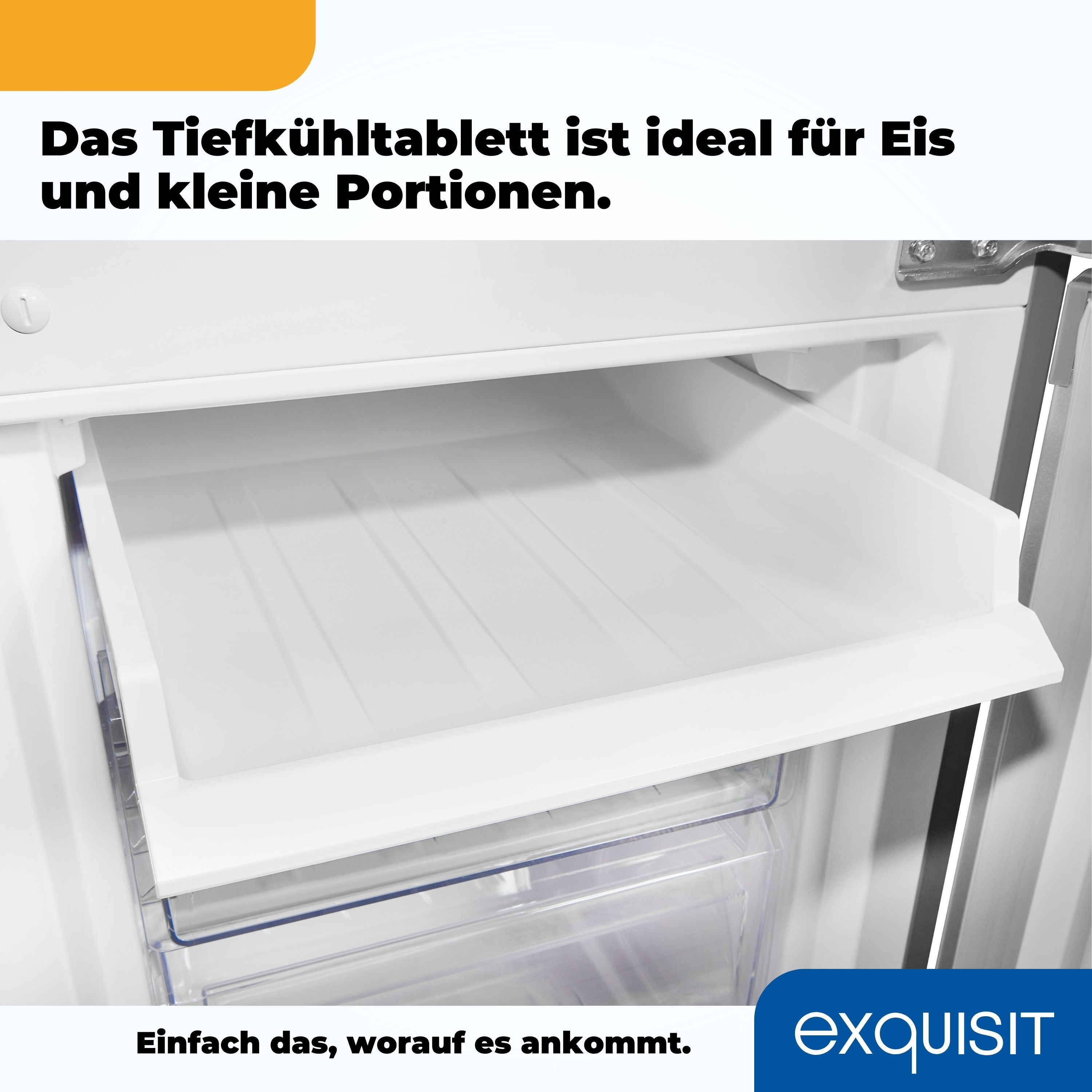 Weiße Gefrierschublade im Kühlschrank. Text oben: Gefriertablett ist ideal für Eis. Text unten: Exquisit.