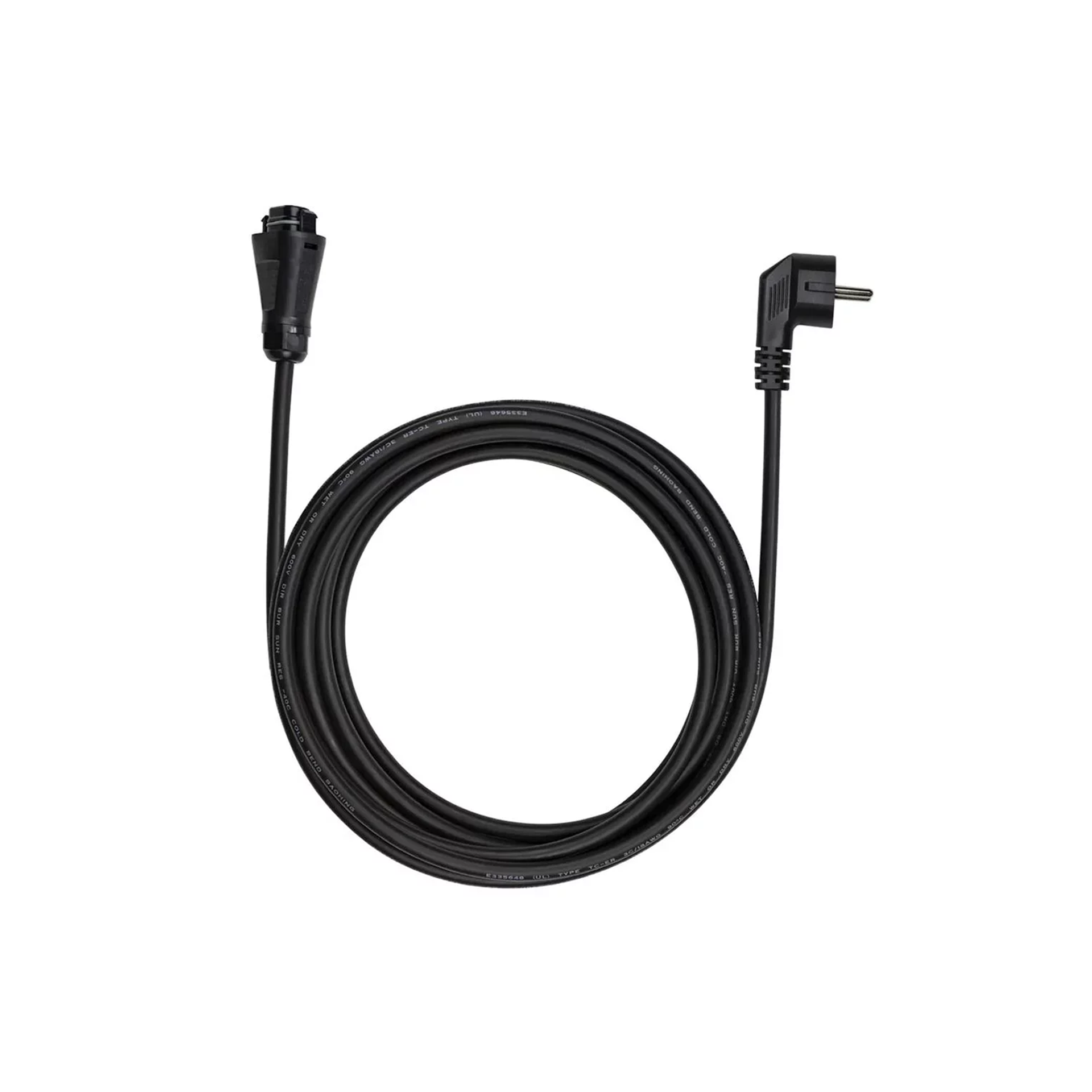 Schwarzes Stromkabel mit Stecker und Buchse. Das Kabel ist kreisförmig gewickelt.
