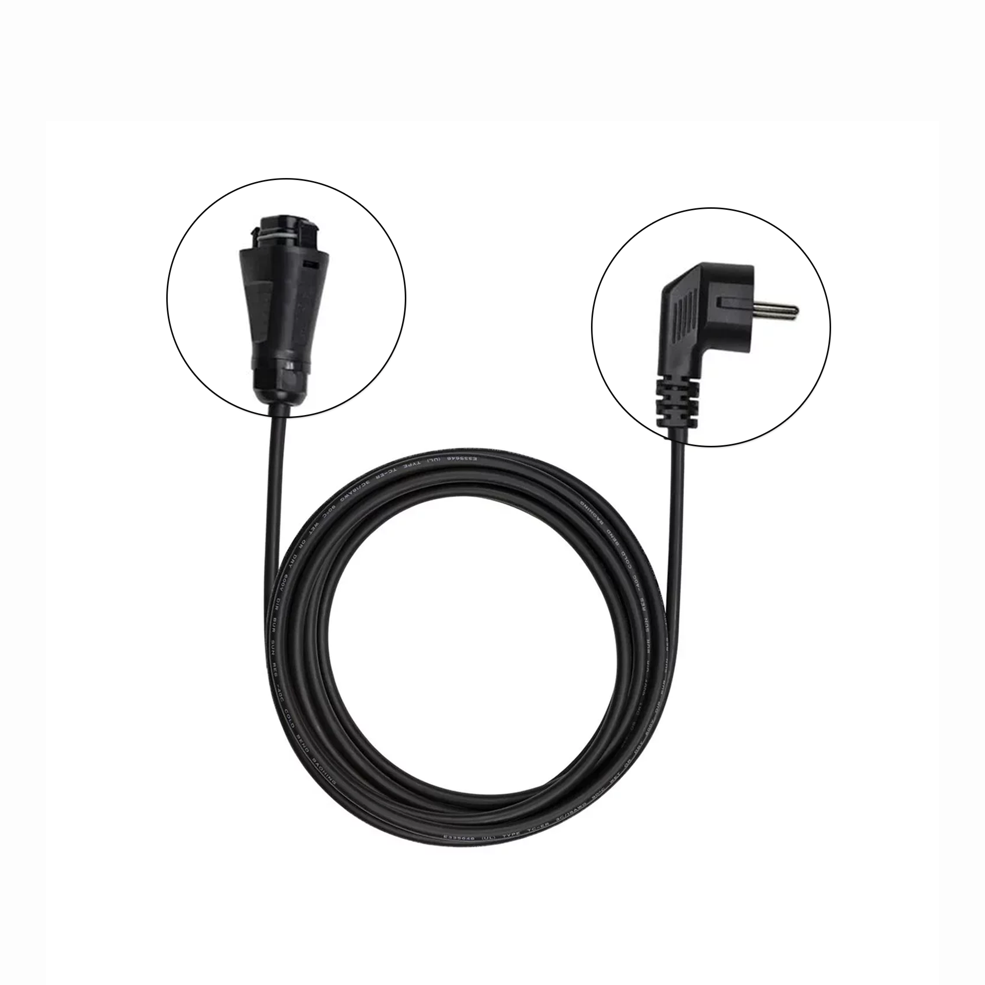 Schwarzes Stromkabel mit Rundstecker und gewinkeltem Stecker.