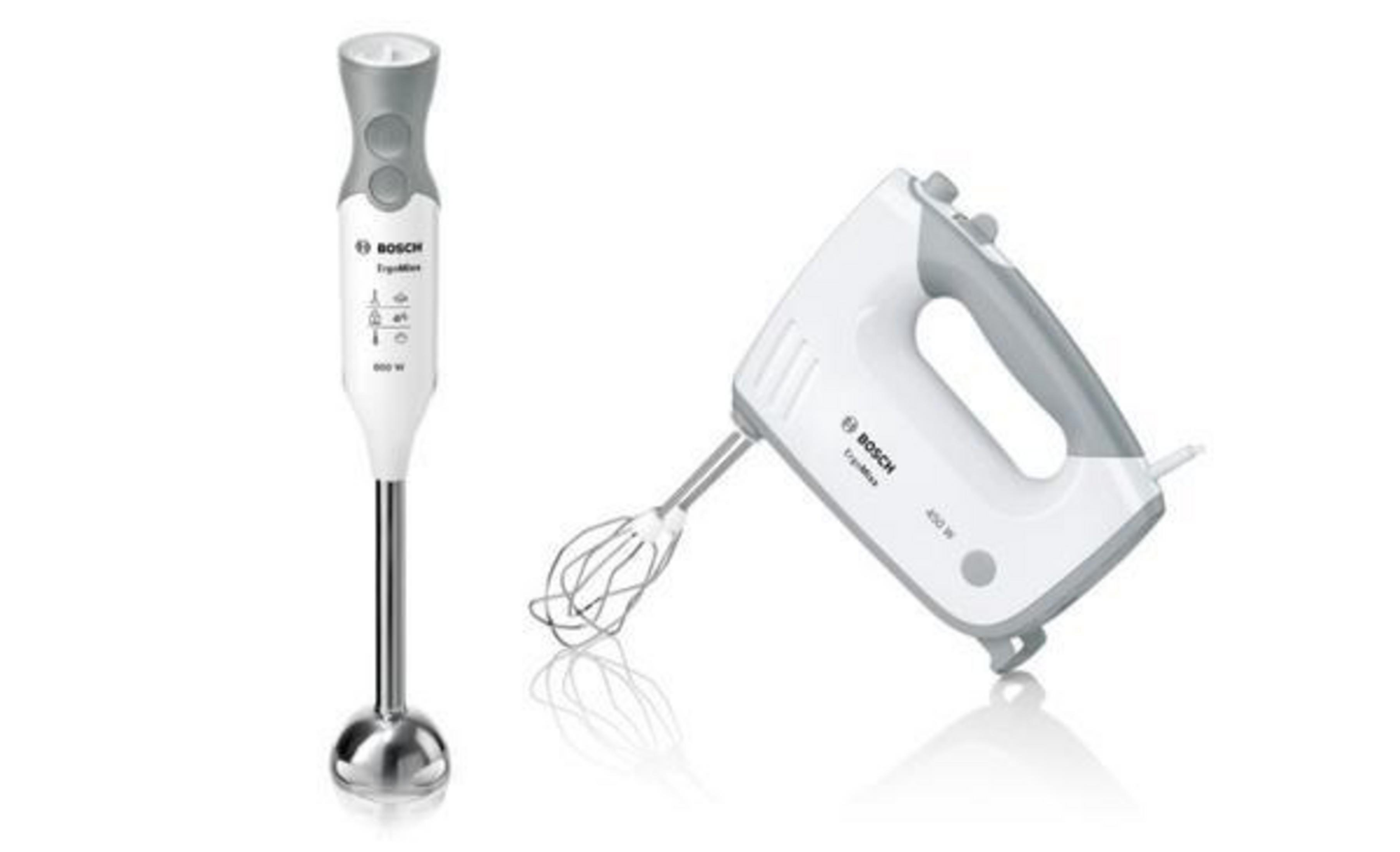 Zwei weiße und graue Handmixer. Einer steht, der andere liegt horizontal.