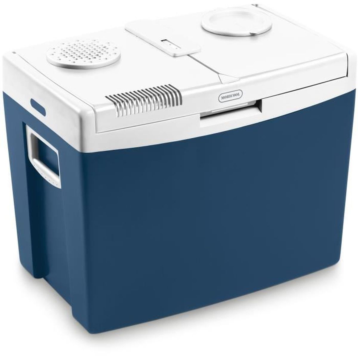 Frigorifero blu e bianco con coperchio, maniglie e prese d'aria.