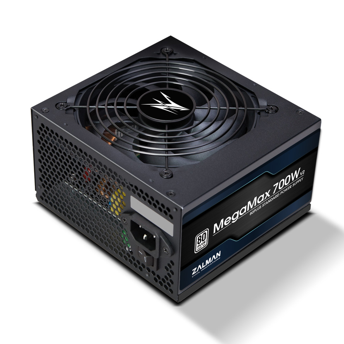 Alimentatore per computer nero con ventola e logo Zalman.