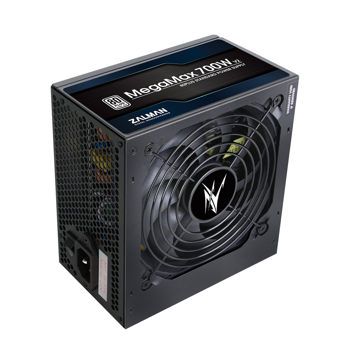 Un alimentatore nero per computer, con ventola e fori di ventilazione visibili.